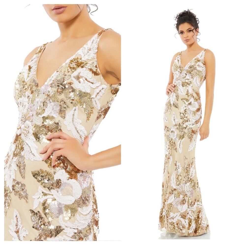 NWT MAC DUGGAL 5476 Nude Gold Floral Sequin Beaded Embellished Gown Women’s